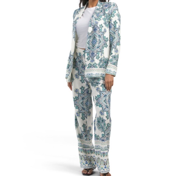 RACHEL ZOE Printed Linen Sustainable Blazer And Bootcut Pants Set - Picture 1 of 5